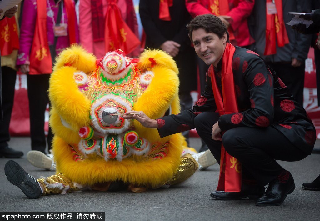 加拿大總理特魯多身著唐裝參加春節游行 撫摸舞獅頭激萌十足