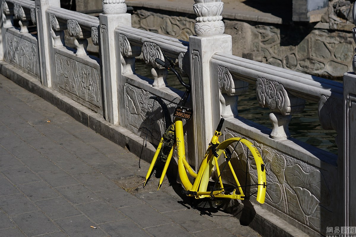 北京什剎海一共享單車被毀 只剩“骨架”