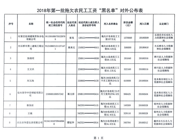 首批拖欠農民工工資黑名單公布，被“拉黑”者融資貸款、乘飛機高鐵受限